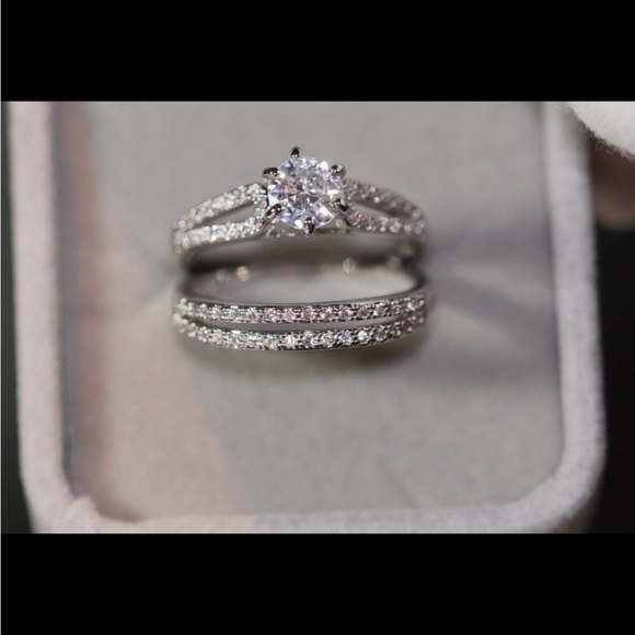 Wedding Engagement Elegant Silver Sparkle Pave Ring w Band Set Size 7 - Picture 6 of 11